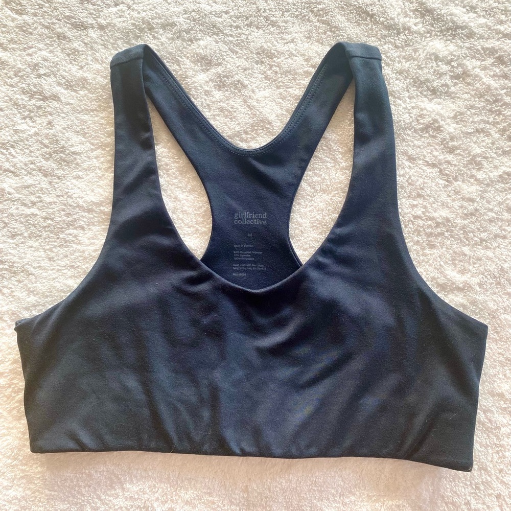 Girlfriend Collective midnight racerback sports bra, size M